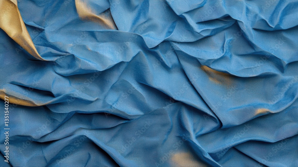 Poster close-up texture of wrinkled blue fabric with hints of gold. background design element in textile ma