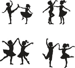 Silhouette Flat Design of Children Dancing Together Vector Illustration