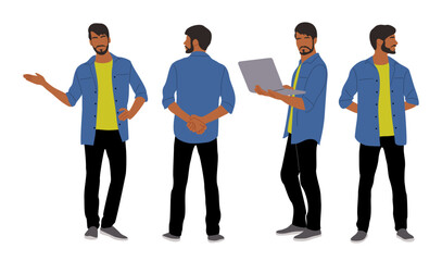 Fototapeta premium Set of Businessman character in different poses. Bearded man standing in casual clothes, using laptop, tablet, front, side, rear, back view. Vector realistic illustration on transparent background.