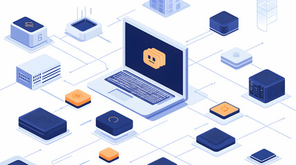 Laptop connected to network, data servers, and city buildings, illustrating cloud computing