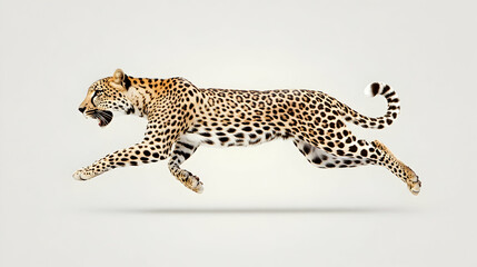 Obraz premium Leopard running fast, isolated on white, wildlife action shot, for wildlife documentaries