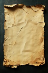Fototapeta premium A piece of aged parchment paper lies flat on a dark background, showcasing its crinkled edges and faded spots. The texture and color illustrate its rich history and wear over time
