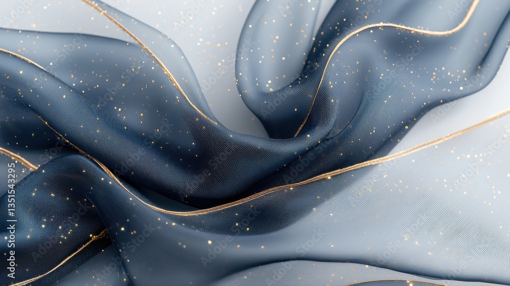 Poster elegant abstract blue and gold flowing wave pattern with sparkling particles.