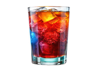 Cold refreshing beverage with colorful ice cubes - A glass of cold drink with vibrant, colorful ice cubes, isolated on a white background. Perfect for refreshment and summer concepts.  
