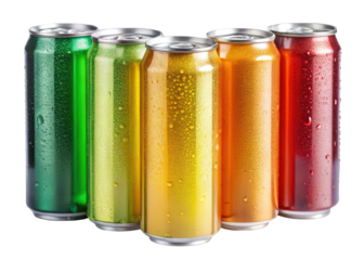 Colorful aluminum drink cans with water droplets - A group of vibrant aluminum beverage cans in various colors with condensation on the surface, isolated on a white background.  
