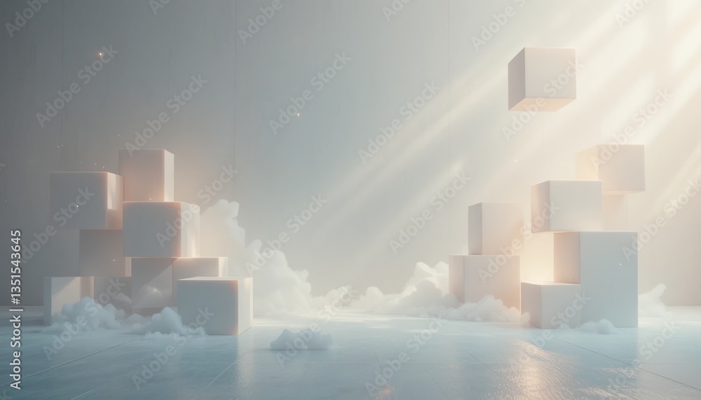 Poster floating cubes of light abstract digital space visual art ethereal environment minimalist viewpoint 
