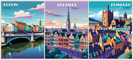 Fototapeta premium Set of travel destination posters in retro style. Dublin, Brussels, Edinburg cityscape vector art illustrations