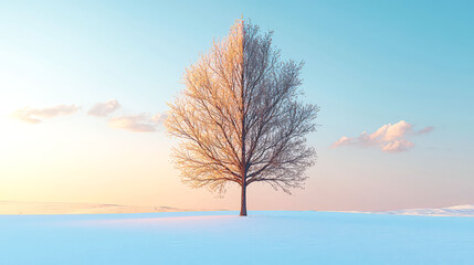 Winter Landscape: Half-Frozen Tree in Snowy Field at Sunset