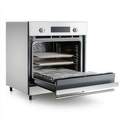 Obraz premium Modern Stainless Steel Kitchen Oven with Open Door and Interior Shelves for Cooking and Baking Purposes