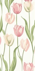Delicate pink tulips in various stages of bloom grow amongst lush green leaves against a light, neutral background, creating a serene spring atmosphere