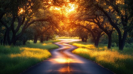 Obraz premium Sunset road winding through oak trees, golden hour light