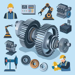 2d vector illustration colorful machine , worker and Industry and its development technology, factories and production lines icon
