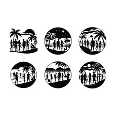 Fototapeta premium Summer Beach Silhouette - Vector Illustration of Sunset, Ocean, and Palm Trees