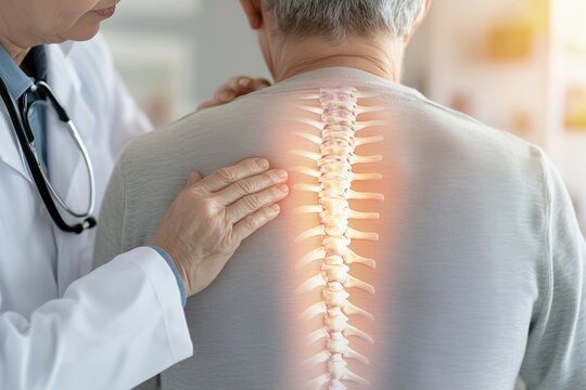 Doctor examining a patient's spine with medical visualization