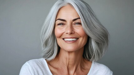Fototapeta premium Smiling Mature Woman with Gray Hair Portrait Photography, Close-up, Natural Beauty Gray hair, mature woman, portrait photography