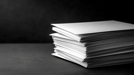 A stack of blank sheets is arranged neatly on a dark surface, showcasing their crisp edges and smooth texture. The contrast highlights their simplicity and potential for creativity