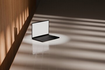 High end laptop on tile studio floor and acoustic backdrop. Blank mockup template screen. Spotlight from above