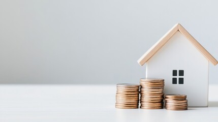 Miniature house model beside stacks of coins representing savings for home ownership or real estate investment