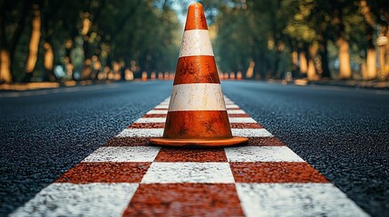 An orange and white traffic cone sits on a road marking