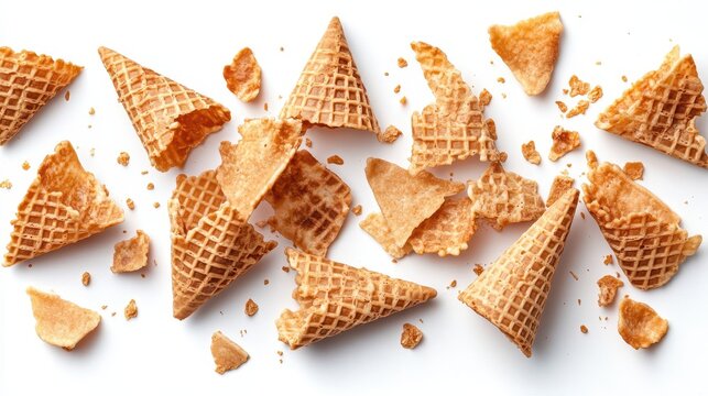 Waffle cone pieces lay scattered across a white surface, with some crumbs nearby. The broken cones provide a fun and messy portrayal of a dessert, ideal for ice cream lovers