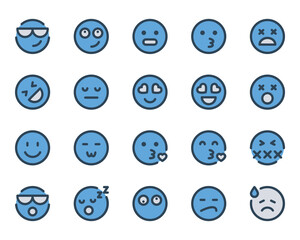 Filled blue outline icons set for Emojis, smiley, emotion.