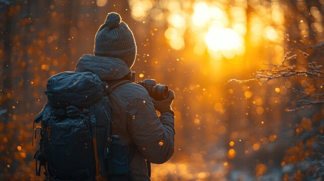 Winter hiker photographs sunrise in snowy forest