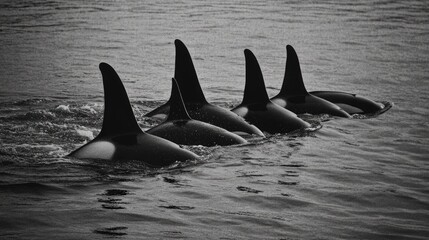 Fototapeta premium Majestic Orcas in a Row: A Black and White Symphony of the Sea