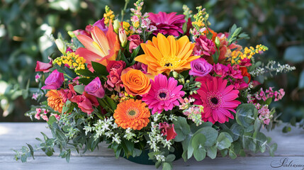 Vibrant floral arrangement featuring mixed flowers in bright colors, set against a blurred green background