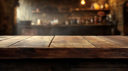 A rustic wooden table stands prominently in a dimly lit bar setting, surrounded by blurred shelves of bottles, evoking a warm and inviting ambiance ideal for social gatherings