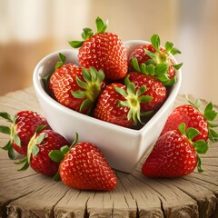 Fresh Ripe Strawberries in a Heart-Shaped Bowl on Rustic Wooden Table – Juicy and Vibrant Red Fruit with Green Leave