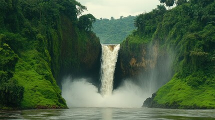 Fototapeta premium Waterfall cascading into a tranquil pool. Lush greenery surrounds it