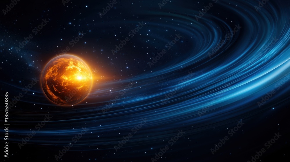 Poster vibrant planet surrounded by ethereal rings and starry cosmic background in a deep universe setting