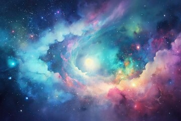 Naklejka premium Dreamy Pastel Watercolor Galaxy Art: Tilt-Shift Photography, Creative Design, Cosmic Background