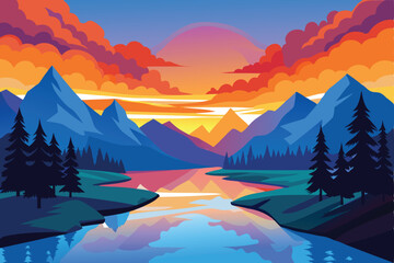 Animated Landscape Mountains, Trees, Sunset, River, and Colorful Clouds Scenery