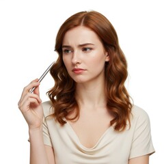 Obraz premium A young woman with red hair looks thoughtful, holding a silver pen to her head.