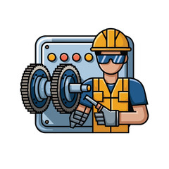2d vector illustration colorful machine , worker and Industry and its development technology, factories and production lines icon
