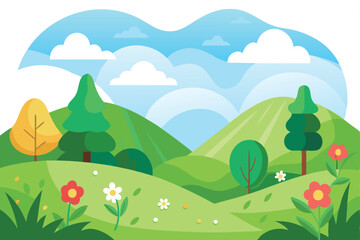 Fototapeta premium Bright Landscape Hills Trees Flowers and Sky, Illustration, Cartoon, Colorful