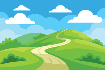 Fototapeta premium Cartoon Flat Landscape, Winding Road Through Rolling Green Hills, Blue Sky & Clouds