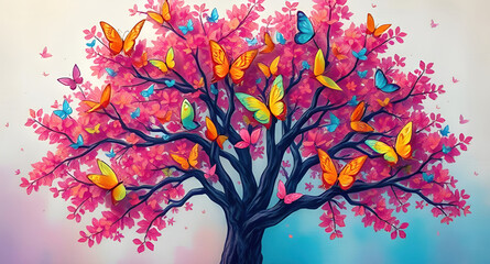 Obraz premium Colorful abstract tree, vibrant foliage, butterflies, whimsical, multi-colored leaves