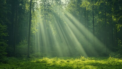 Sunbeams in a Lush Green Forest