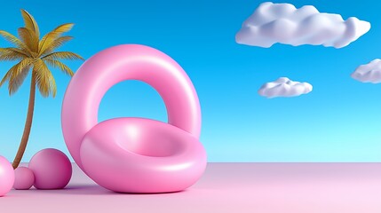 Colorful Pink Inflatable Pool Floaties with Palm Tree Against a Bright Blue Sky