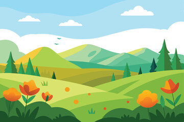 Fototapeta premium Cartoon Landscape Green Hills, Trees, Orange Flowers, Blue Sky, White Clouds