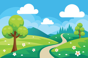Fototapeta premium Cartoon Landscape Rolling Green Hills, Path, Sky, White Clouds