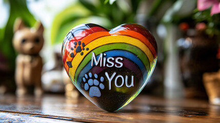 rainbow heart, paw prints, miss you message, pet remembrance, love, loss, sympathy, colorful design, greeting card, vibrant, cheerful, sentimental mood, graphic, digital art, illustration
