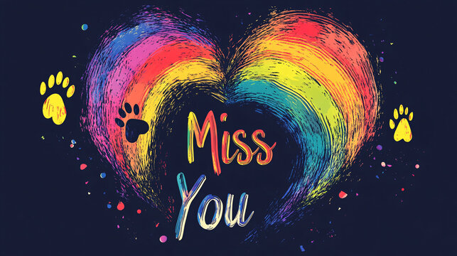 rainbow heart, paw prints, miss you message, pet remembrance, love, loss, sympathy, colorful design, greeting card, vibrant, cheerful, sentimental mood, graphic, digital art, illustration
