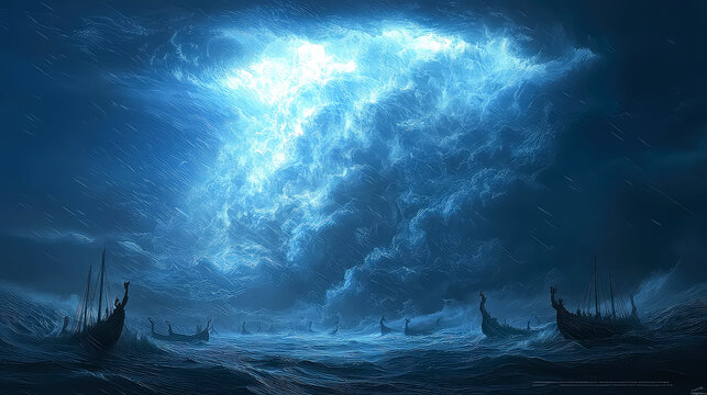 Epic Viking Ships Sailing Through a Dramatic Stormy Sea