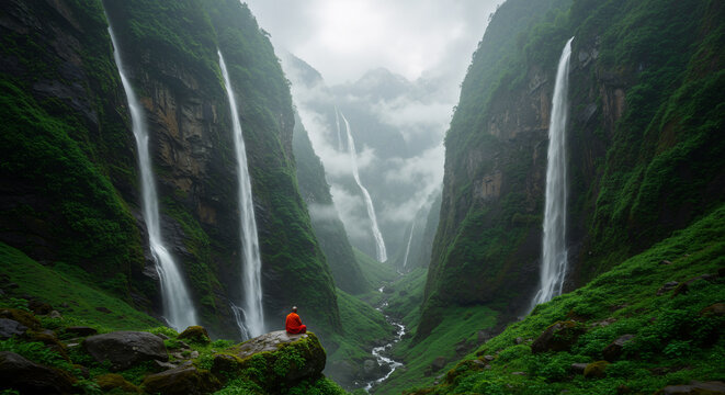 Solitary buddhist monk in a orange robe sits in silent meditation on the edge of a cliff overlooking a hidden green Himalayan valley of high cliffs and towering waterfalls in the falling through mist