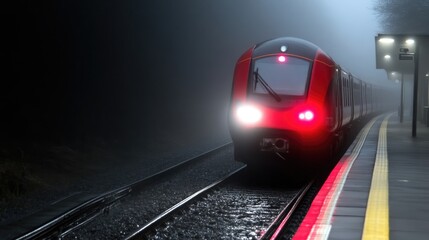 Naklejka premium Foggy train station platform at night