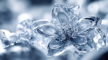 Crystal flower on ice, close-up, studio shot, winter background, website banner
