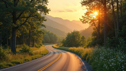 Obraz premium A breathtaking winding road winds through a stunning landscape, bathed in the golden hues of the setting sun. The smooth asphalt reflects the warm glow